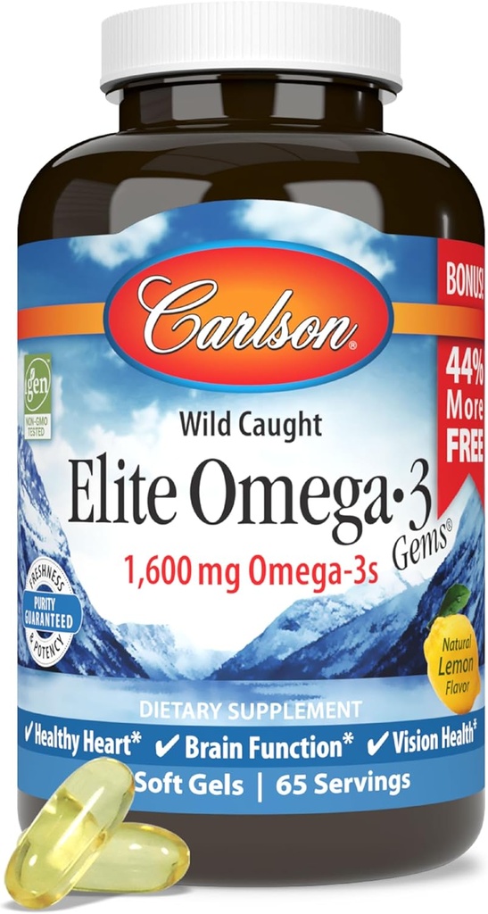 Carlson - Elite Omega-3 Gems, 1600 mg Omega-3 Fatty Acids Including EPA and DHA, Norwegian, Wild-Caught Fish Oil Supplement, Sustainably Sourced Omega 3 Fish Oil Capsules, Lemon, 130 Softgels