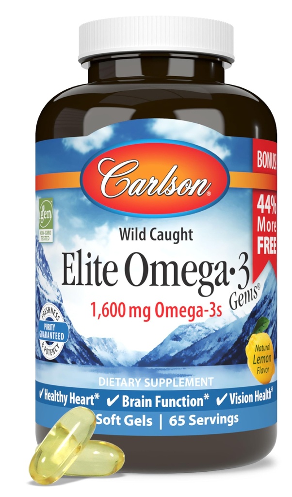 Carlson - Elite Omega-3 perler, 1600 mg Omega-3 fedtsyrer, herunder EPA og DHA, Norwegian, Wild- Caught Fish Oil Supplement, bæredygtigt sourced Omega 3 Fish Oil Capsules, Lemon, 130 Softgels