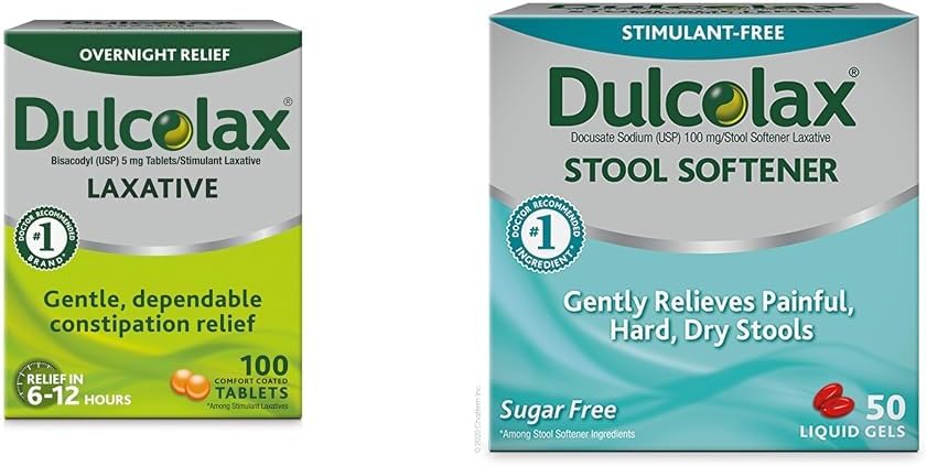 Dulcolax Stimulant Laxative Tablets (100 Greve) Tålne Overnatning Forstoppelse Relief, Bisacodyl 5mg & Afføring Blødgøringsmiddel Laxative Liquid Gel Kapsler (50ct) Tålne Relief, Docusat Natrium 100mg