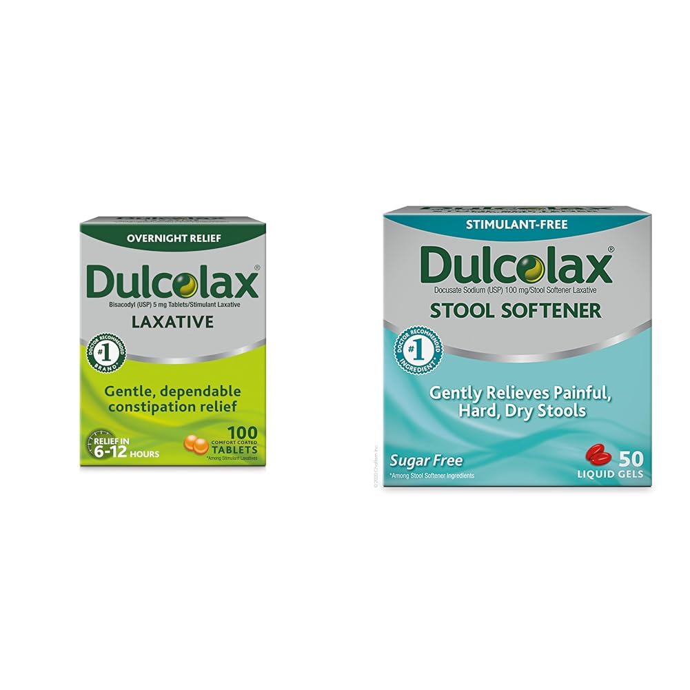 Dulcolax Stimulant Laxative Tablets (100 Greve) Tålne Overnatning Forstoppelse Relief, Bisacodyl 5mg & Afføring Blødgøringsmiddel Laxative Liquid Gel Kapsler (50ct) Tålne Relief, Docusat Natrium 100mg