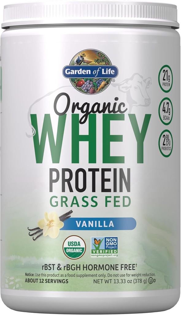 Life Grass Fed Whey Protein Powder Vanilla - 21g Protein for kvinder & mænd + Probiotika - 12 Servere - Gluten Gratis, Ikke GMO, Kosher, Humane, RBST & rBGH Hormone Gratis