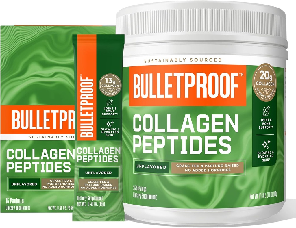 Bulletproof Unflavored Collagen Protein Powder, 18g Protein, 17.6 Oz, Unflavored Collagen Protein Powder GoPacks, 12g Protein, 15 Pack, Grass Fed Collagen Peptider og Aminosyrer