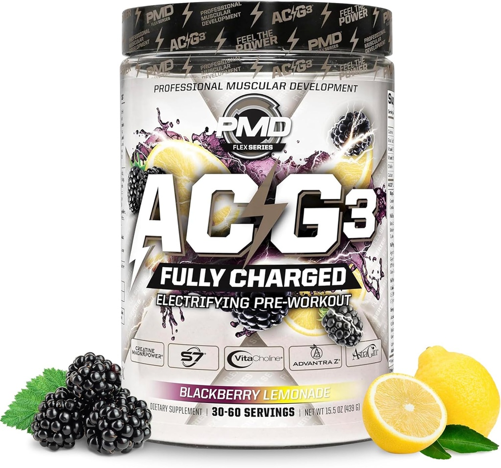 PMD Sports ACG3 fuldt opladet - elektrificering af pre workout pulver - høj energi og pumpe pre workout for mænd og kvinder til at maksimere fokus, udholdenhed & ydeevne - BlackBerry Lemonade (30-60 Serveringer)