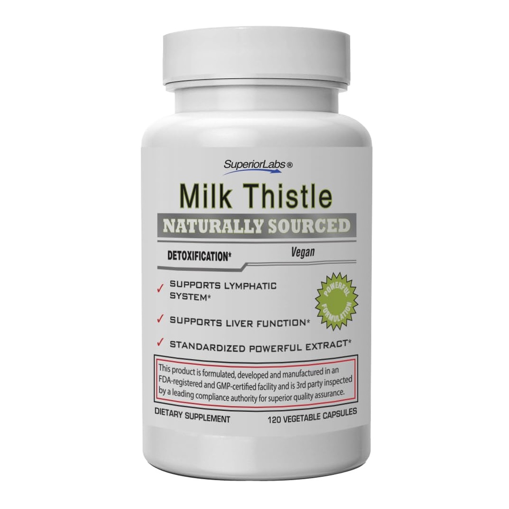 Superior Labs Milk Thistle NonGMO - 80% Silymarin Flavonoider - Kraftfuld Formel for sund lever, Nyre, Detox og funktion, Energi - 250mg 4: 1 Uddrag Yielding 1.000mg, 120 Vegetabilske Caps