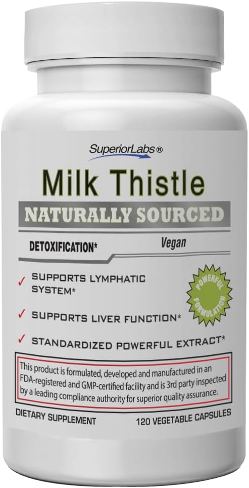 Superior Labs Milk Thistle NonGMO - 80% Silymarin Flavonoider - Kraftfuld Formel for sund lever, Nyre, Detox og funktion, Energi - 250mg 4: 1 Uddrag Yielding 1.000mg, 120 Vegetabilske Caps