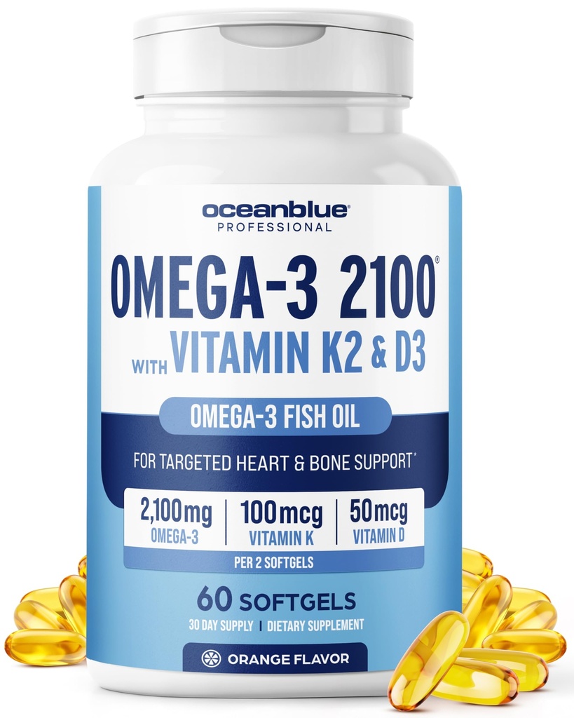 Oceanblå Professional Omega-3 2100 med vitamin K2 og vitamin D3-60 greve - Triple Strength Burpless Fish Oil Omega-3 tillæg med EPA, DHA & DPA - Wild fanget - Orange Flavor, 30 Servere