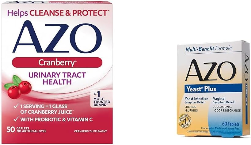 AZO Cranberry Urinary Tract Health, 50 Count Yeast Infection & Vaginal Symptom Relief Tablets, 60 Count