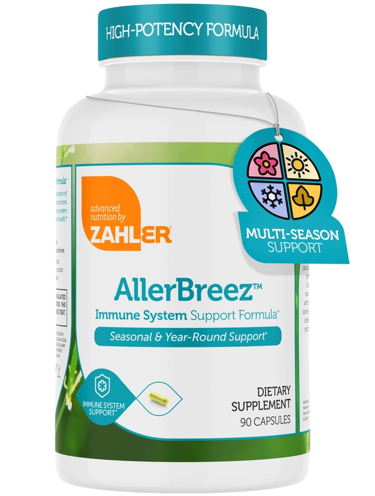 Zahler AllerBreez Immunsystem Support Formel med C-vitamin, Quercetin, vitamin B5, MSM & Stinging Nitle - Sæson- og årelange immunsupporttillæg, Dhist Allergy Supplement (90 kapsler)