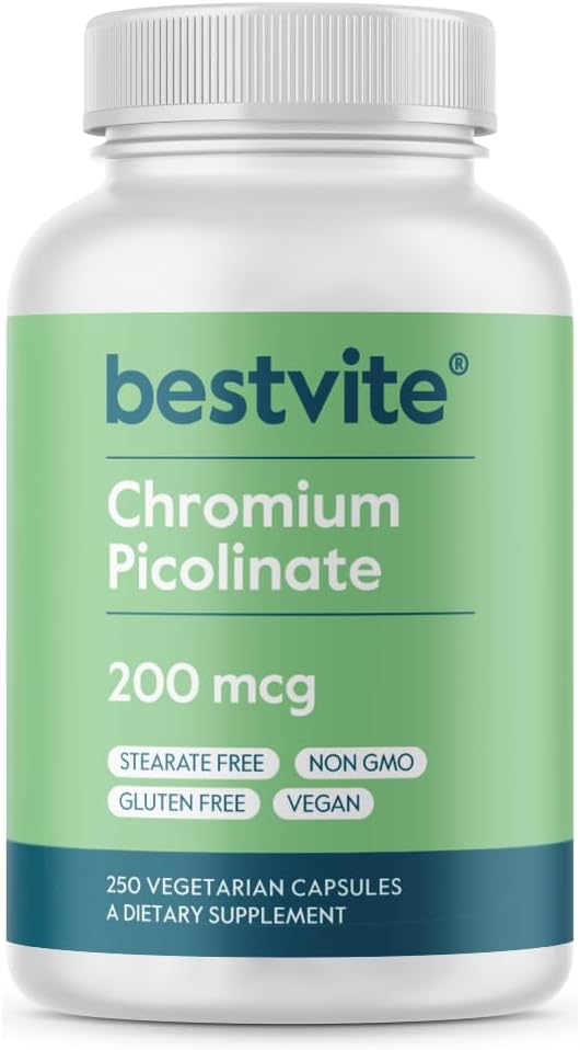 BESTVITE Chrom Picolinate 200mcg (250 Vegetariske Kapsler) - Ingen Stearates - Ingen Dicalcium Phosphat - Vegan - Gluten Free - Non-GMO