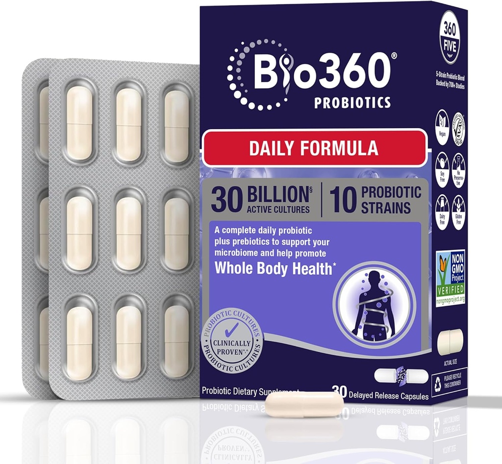 Bio360 Voksen Daglig Probiotisk tillæg for kvinder & mænd, 30 Millioner CFU, 10 Strops, Organic Prebiotic Fibers, fordøjelses- og immunsundhed, lejlighedsvis obstipation, Diarré, Gas & Bloating, 30CT