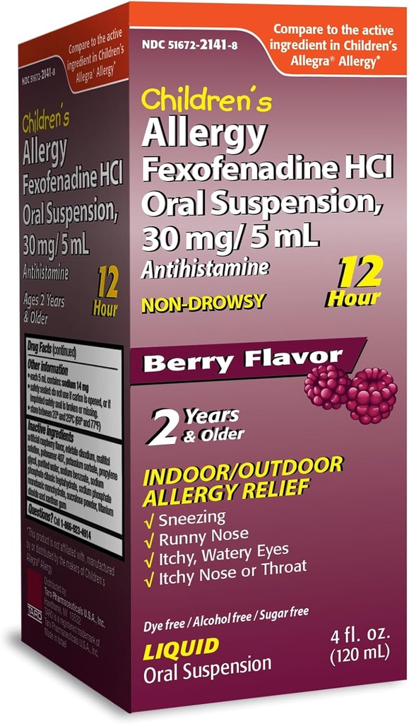TARO Børns 12HR Allergi Relief Non- døsighed Antihistamin Flydende, Berry Flavor, Alkoholfri, Farvefri & Sukker Fri, Fexofenadine HCl (4 oz)