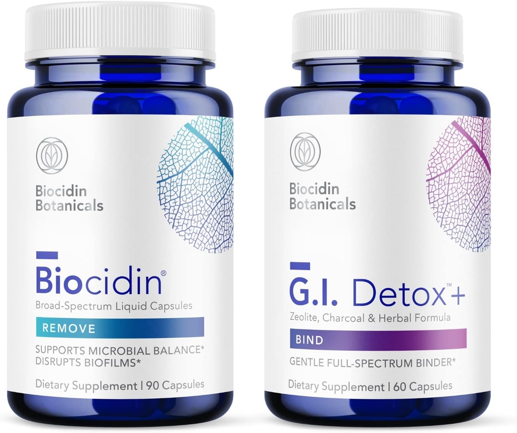 Biocidin kapsler og GI Detox + Binder Bundle - understøtter bortledning af biofilms, sund afgiftning og Full- Body Cleancing med botanicals, Zeolit og aktiveret kul