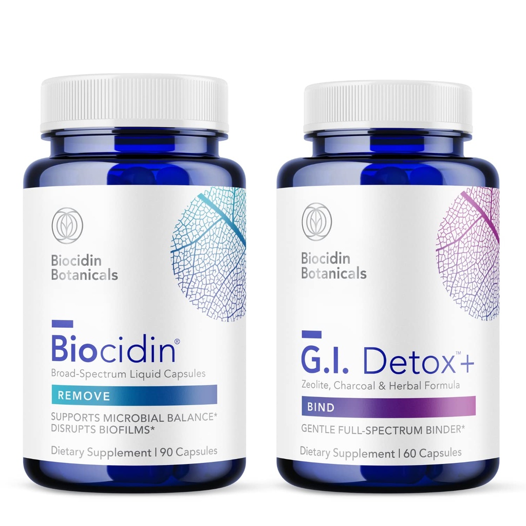 Biocidin kapsler og GI Detox + Binder Bundle - understøtter bortledning af biofilms, sund afgiftning og Full- Body Cleancing med botanicals, Zeolit og aktiveret kul
