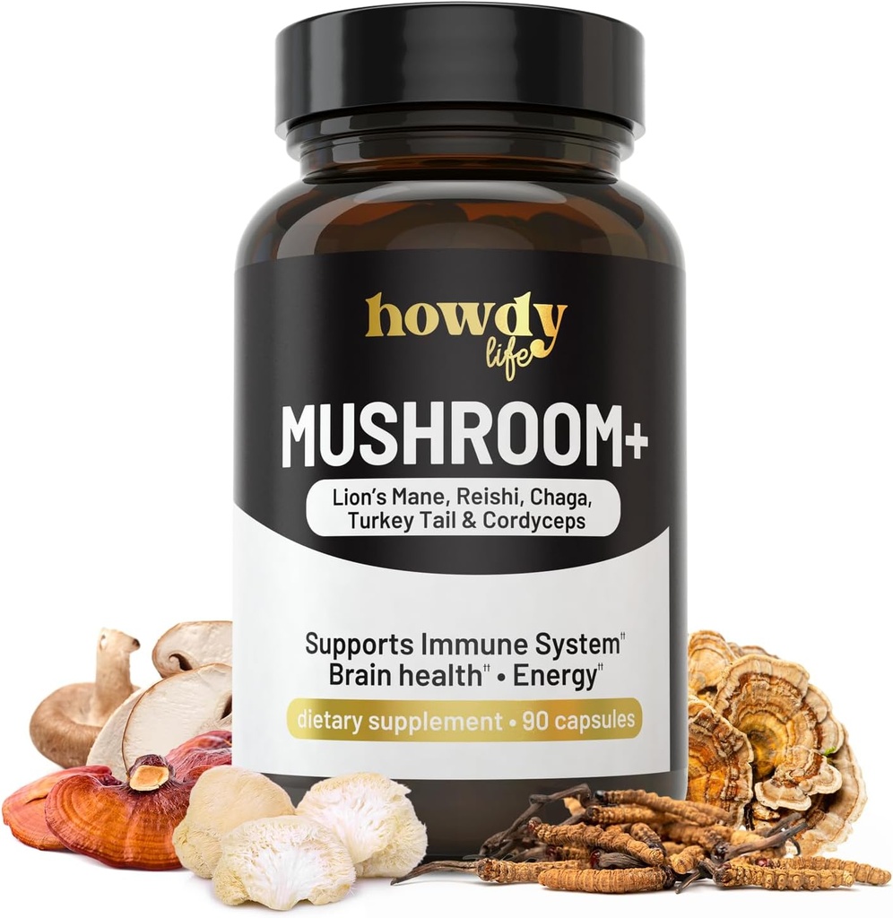Lions Mane supplement kapsler - Mushroom supplement Brain Booster med Reishi, Chaga, Cordyceps og Tyrkiet Tail Mushroom pulver - Nootrop og energi supplement til hukommelse og fokus