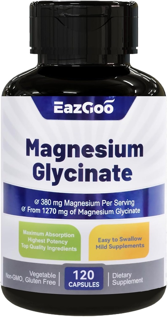 Magnesium Glycinat Kapsler 1270mg, 380mg Magnesiumsupplement, Høj Absorption Magnesium Glycinat Supplement, Non- GMO No Gluten, 120 Kapsler