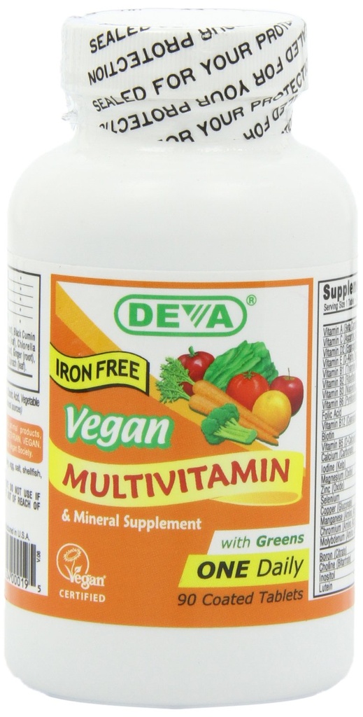 DEVA Vegansk Iron- Free Multivitamin & Mineral Supplement, Green Food Blend, Spirulina, Chlorella, Ashwagandha, Broccoli, 90 overtrukne tabletter
