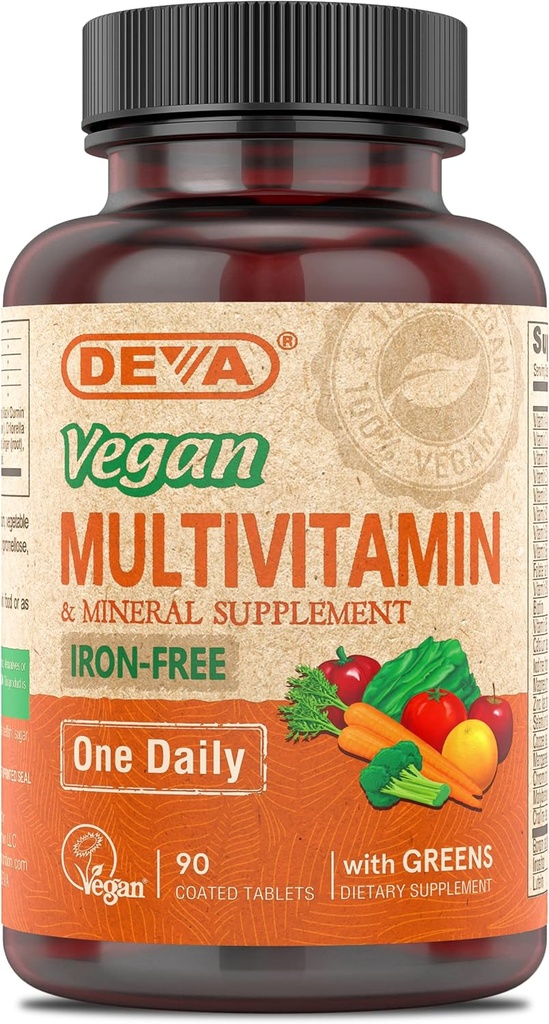 DEVA Vegan Iron-Free Multivitamin & Mineral Supplement, Green Food Blend, Spirulina, Chlorella, Ashwagandha, Broccoli, 90 Coated Tablets