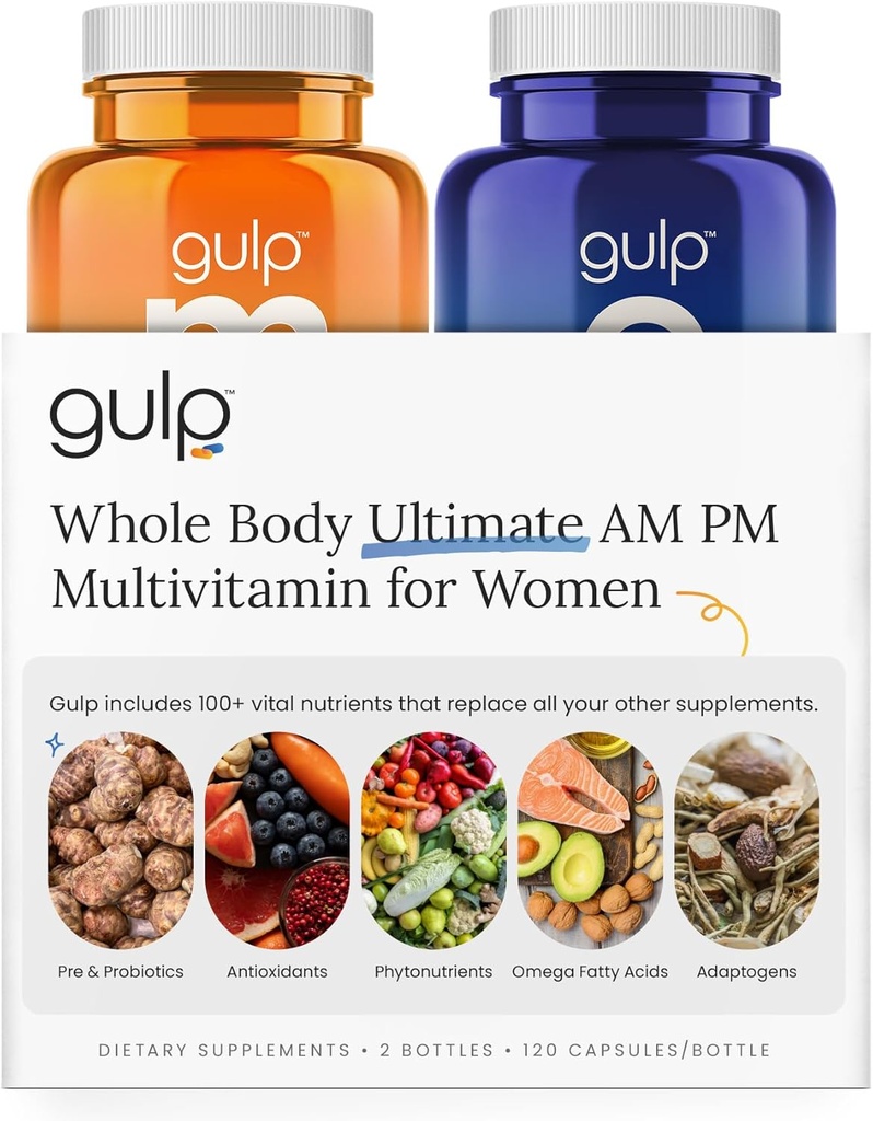 Gulp Ultimate Multivitamin til kvinder - AM PM Kosttilskud til naturlig energi, Immunitet, Gut Sundhed & Dvaletilstand 124; Probiotika, D-vitamin, biotin, B12, svampe, Omega 3 og mere 124; 30 Tjenester
