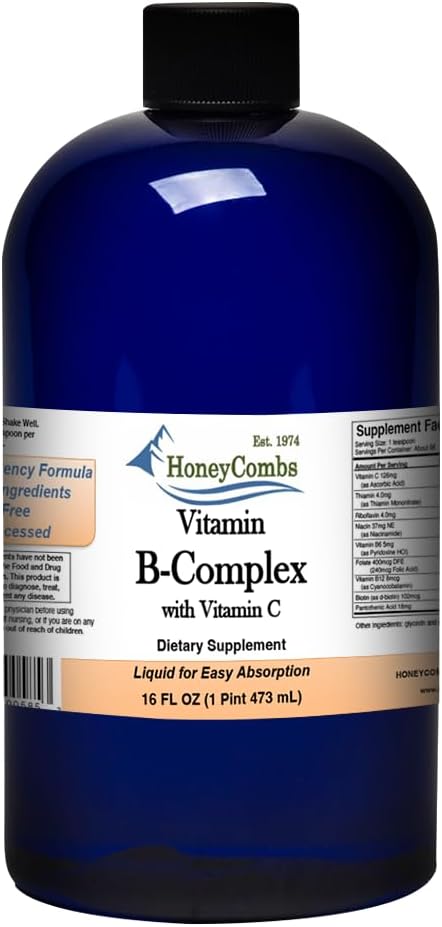 HoneyCombs Vitamin B Complex Drops - Flydende tillæg med vitamin B1, B2, B3, B5, B6, B7, B9, B12 & C-vitamin - Super B Complex Vitamin - Alkohol- Free Liquid Vitamin Supplement, 16 Fl Oz.