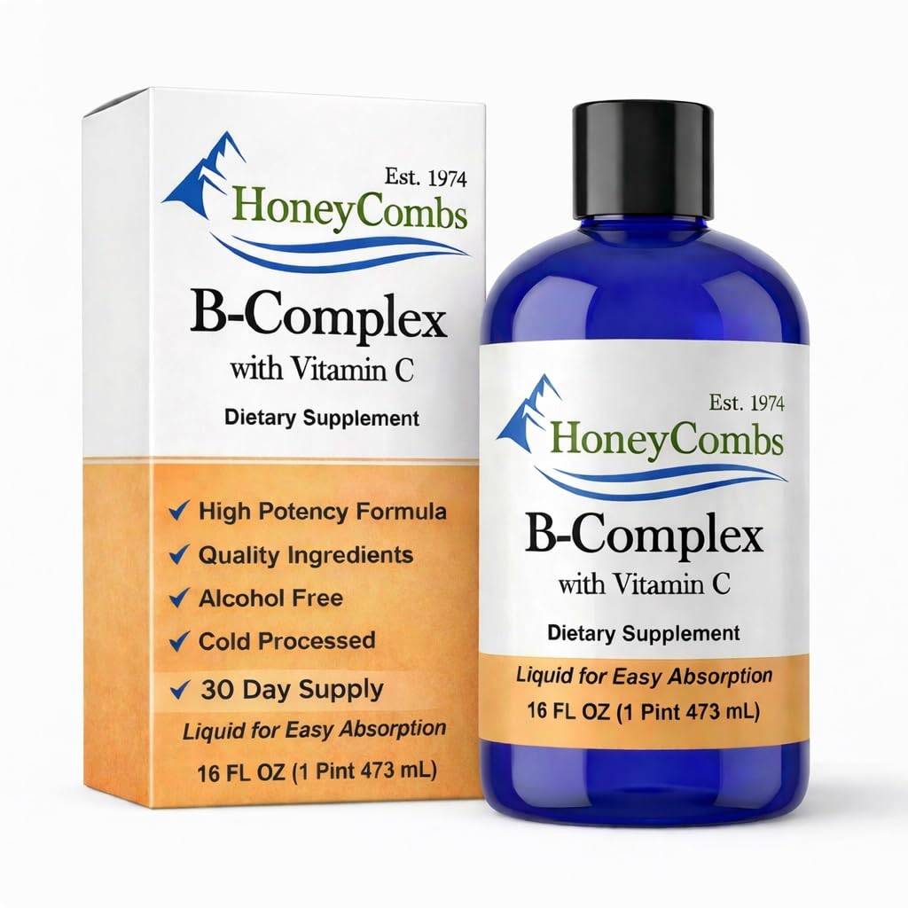 HoneyCombs Vitamin B Complex Drops - Flydende tillæg med vitamin B1, B2, B3, B5, B6, B7, B9, B12 & C-vitamin - Super B Complex Vitamin - Alkohol- Free Liquid Vitamin Supplement, 16 Fl Oz.