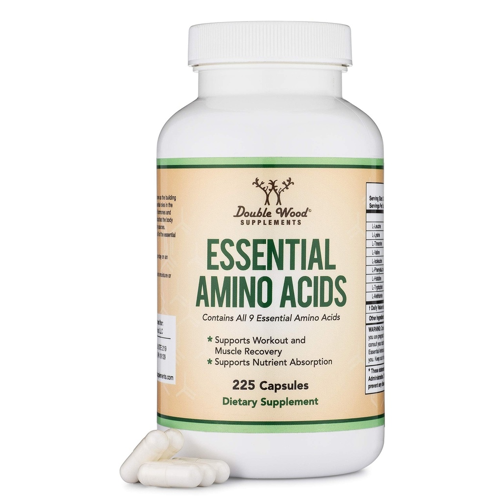 Essential Aminosyrer - 1 Gram Per Serving Powder Blend of All 9 Essential Aminos (EAA) og All Branched- Chain Aminos (BCAA) (Leucin, Isoleucin, Valine) 225 Kapsler, Gluten Free by Double Wood
