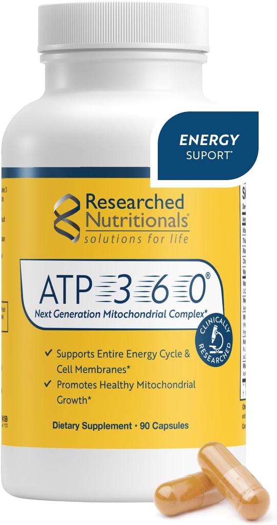 Researched Nutritionals ATP 360 - Mitochondrial Supplements to Support Entire Energy Cycle & Cell Membranes - Clinically Researched ATP Supplements, High Dose CoQ10, R-Lipoic Acid & PQQ, 90 Capsules