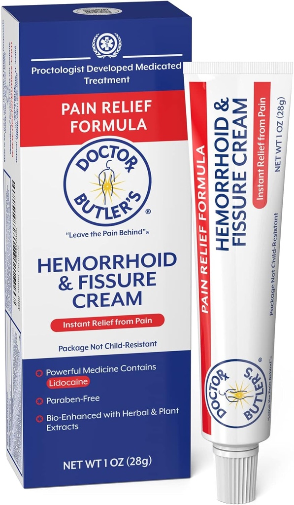 Læge Butler 's Hæmorhoid & Fissure Cream - Instant Pain Relief Hæmorhoid Behandling med Lidocain, Hurtig fungerende Hæmorhoid Cream til Relief fra ekstern klump og brænding (1 oz.)