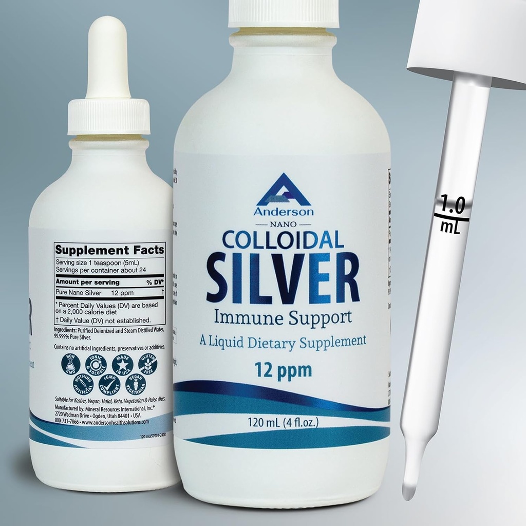 Nano kolloid sølv væske til immunforsvar, 12 PPM Deionized Sølv, 4 Oz glasflaske med måling Dropper, 24 Servere