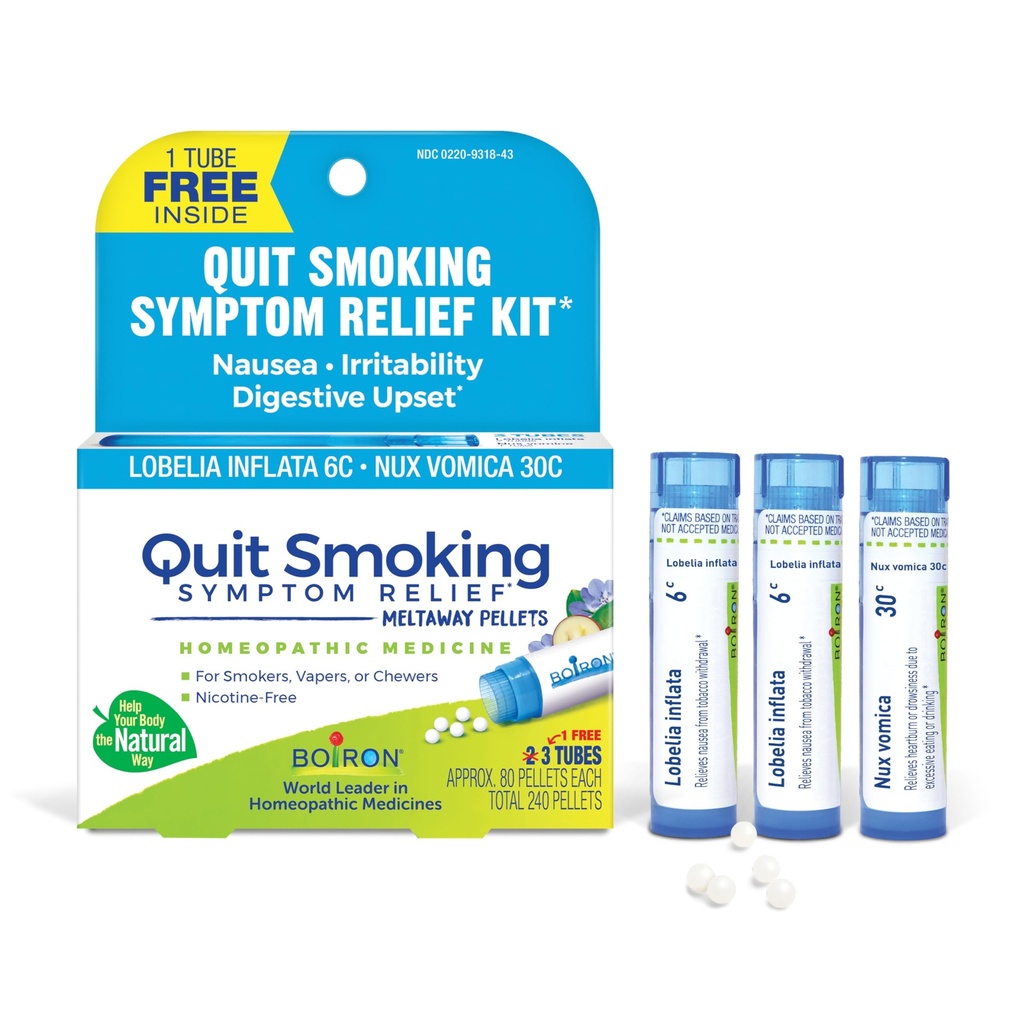 Boiron Afslut Rygning Relief Kit til Nikotine Symptomer fra Rygning, Vaping, eller Tygning - Kvalme, Irritability, & Opsat Mave - Non-Drowsy & Nicotine-Free - 3 Greve (240 Pellets)