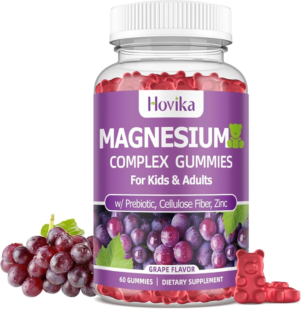 Magnesium Gummier for børn - Magnesium Glycinat, Citrat, Prebiotic, Zink - Børn og voksne Magnesium Complex Rolig Gummier for nerve ben & Muskelsundhed for børn Wellness, Vegansk Grape Flavor 60 Tæl
