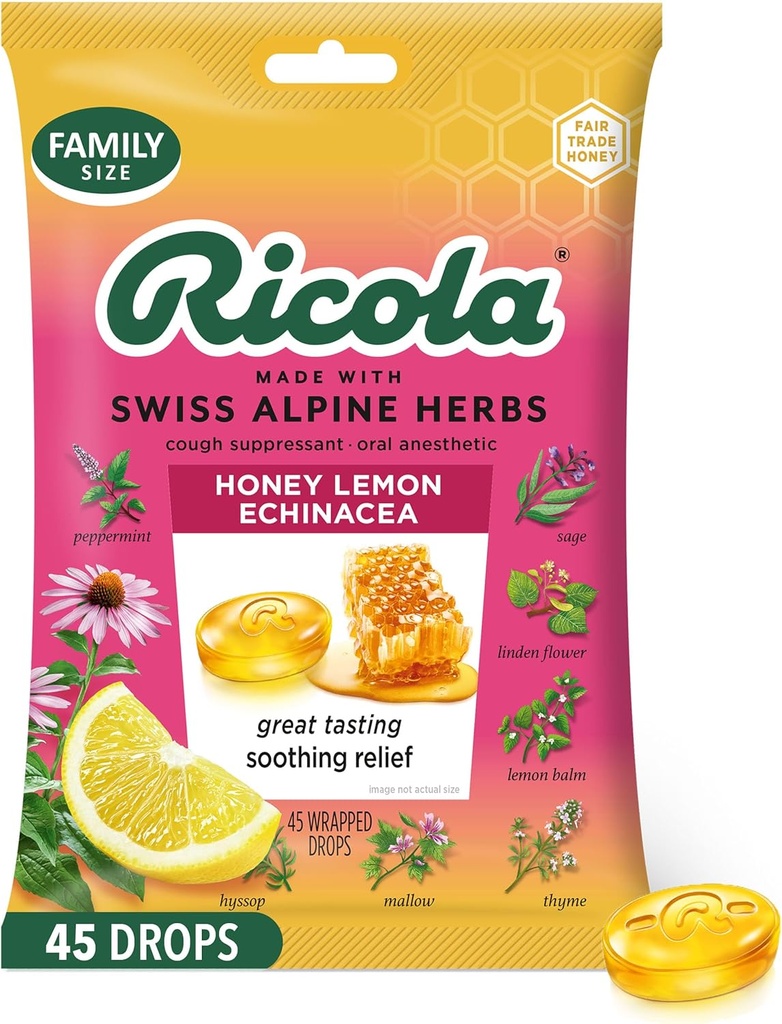 Ricola Honey Lemon med Echinacea Hoste Drops, 45 Greve, Lækker Hals Relief & Care, Oral Anestisk, Naturlig Smag