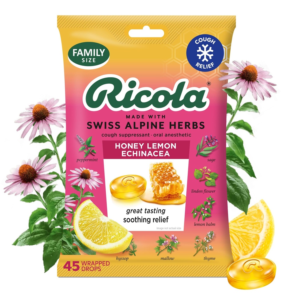 Ricola Honey Lemon med Echinacea Hoste Drops, 45 Greve, Lækker Hals Relief & Care, Oral Anestisk, Naturlig Smag