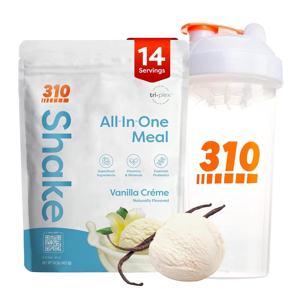 310 Nutrition All- in- One Meal Erstatning Shake Powder w / Shaker Cup Starter Kit - High Protein Fiber Rich Vegan Superfood Blend - Sugar- Free, Keto & Paleo Friendly, Low Carb - Vanilla Creme 14 srv