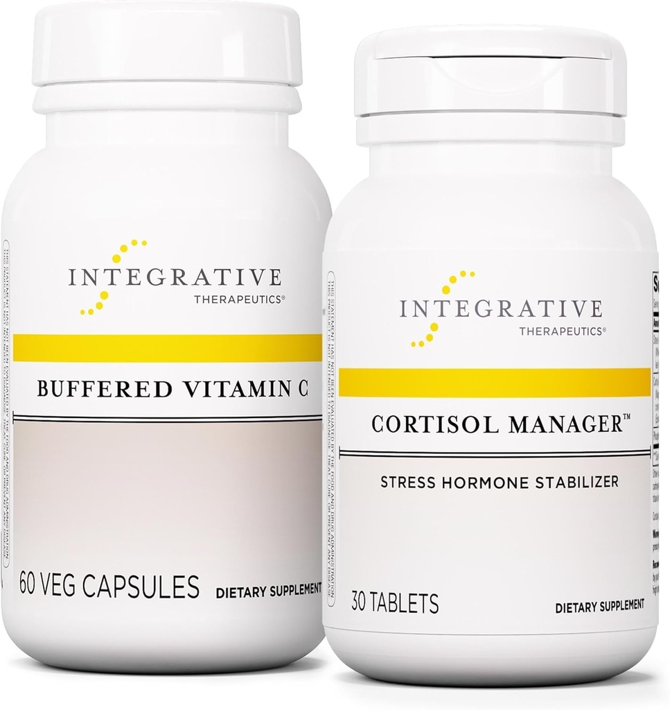 Integrativ terapi Bundle med Cortisol Manager, 30 tabletter - Buffered C-kapsler 1000 mg, 60 Vegan Kapsler - Stress supplement med Ashwagandha * - Immunsupplement med antioxidanter *