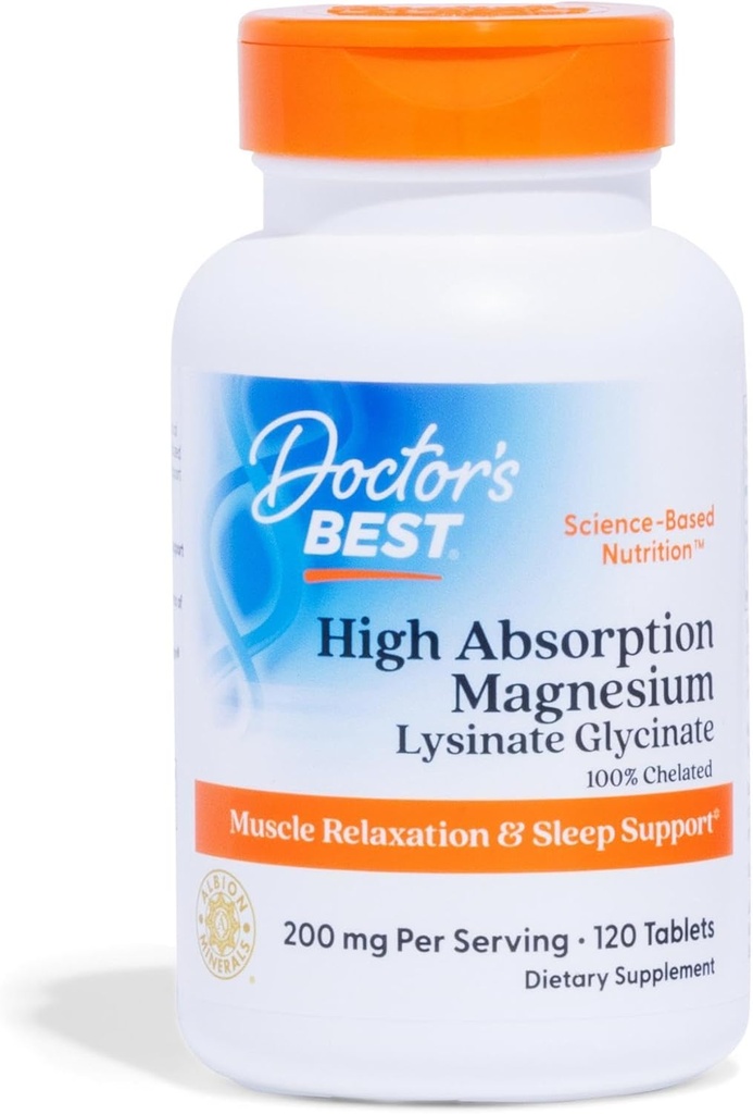 Doctor 's Best High Absorption Magnesium Glycinate Lysinate Supplement - 100% Chelated for Maximum Absorption - Magnesium til søvn og muskelafslapning - 200 Mg Per Servering - 120 tabletter