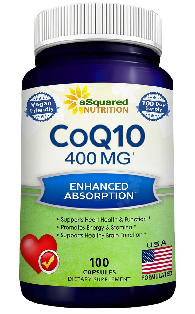 aSquared Nutrition CoQ10 (400mg Max Strength, 100 Veggie Capsules) - High Absorption Coenzym Q10 Powder - Ubiquinon Supplement Pills, Extra Antioxidant CO Q- 10 Enzyme Vitamin Tablets, Coq 10 400 mg