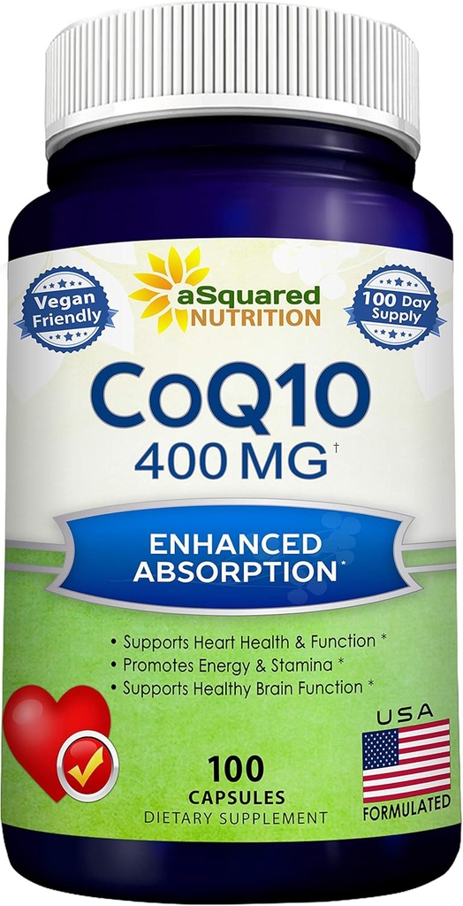 aSquared Nutrition CoQ10 (400mg Max Strength, 100 Veggie Capsules) - High Absorption Coenzym Q10 Powder - Ubiquinon supplement piller, Ekstra antioxidant CO Q- 10 Enzyme Vitamin Tablets, Coq 10 400 mg