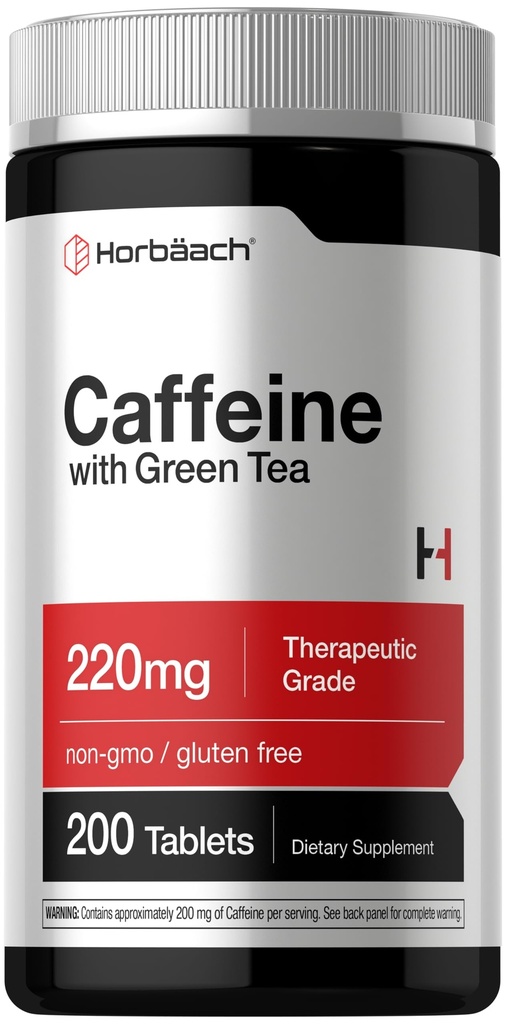 Horbäach Koffein Pills 200mg m. v. 124; med grøn te 124; 200 tabletter m. v. 124; Vegetarisk, Non- GMO & Gluten Free