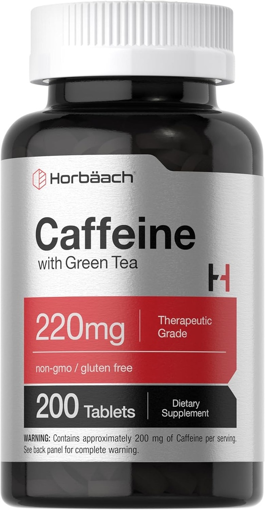 Horbäach Koffein Pills 200mg m. v. 124; med grøn te 124; 200 tabletter m. v. 124; Vegetarisk, Non- GMO & Gluten Free