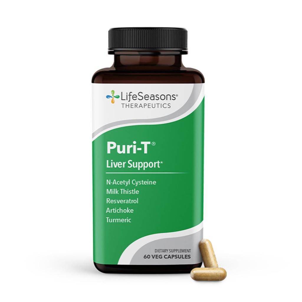 LifeSeasons puri- T - Leverrengøring & Detox Support - Resveratrol, N- Acetyl Cysteine, Milk Thistle, Artiskoke & Gurkemeje - Understøtter vævsregeneration og sund Bile Flow - 60 kapsler