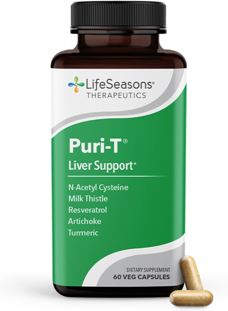 LifeSeasons puri- T - Leverrengøring & Detox Support - Resveratrol, N- Acetyl Cysteine, Milk Thistle, Artiskoke & Gurkemeje - Understøtter vævsregeneration og sund Bile Flow - 60 kapsler