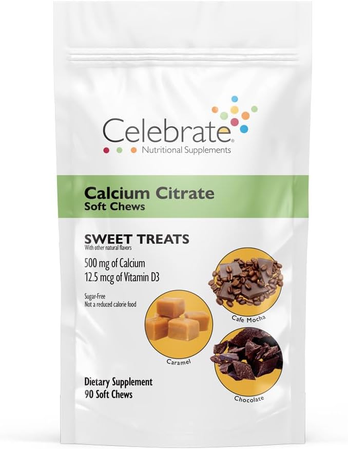 Fejre vitaminer Bariatric Calcium Citrate Soft Chews med vitamin D3, 500mg, Sugar- Free & Gluten- Free Calcium Citrate for Bariatric Patienter, Søde Treatings, 90 Greve