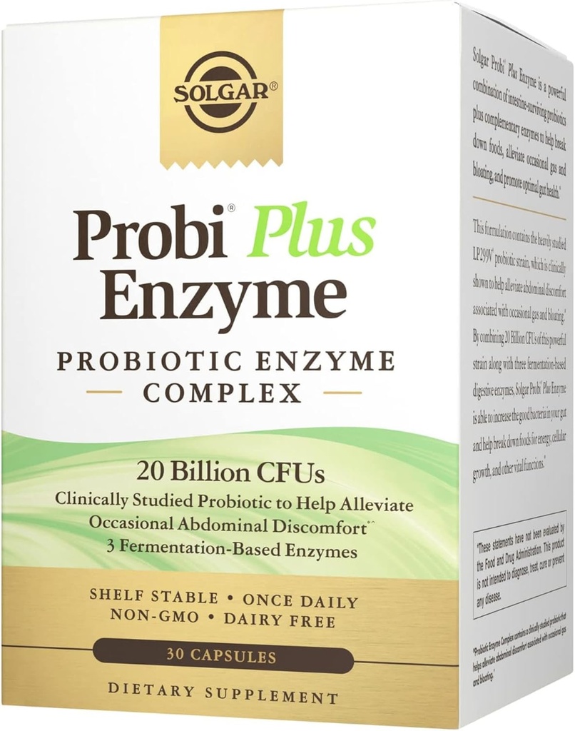 Solgar Probi Plus Enzyme Complex, 30 kapsler - 20 Millioner CFU Probiotiske Plus Enzymer - En gang dagligt - Clinically- Studerede til at Alliere Occasional Gas & Bloating - Non- GMO & Dairy Free, 30 Servere