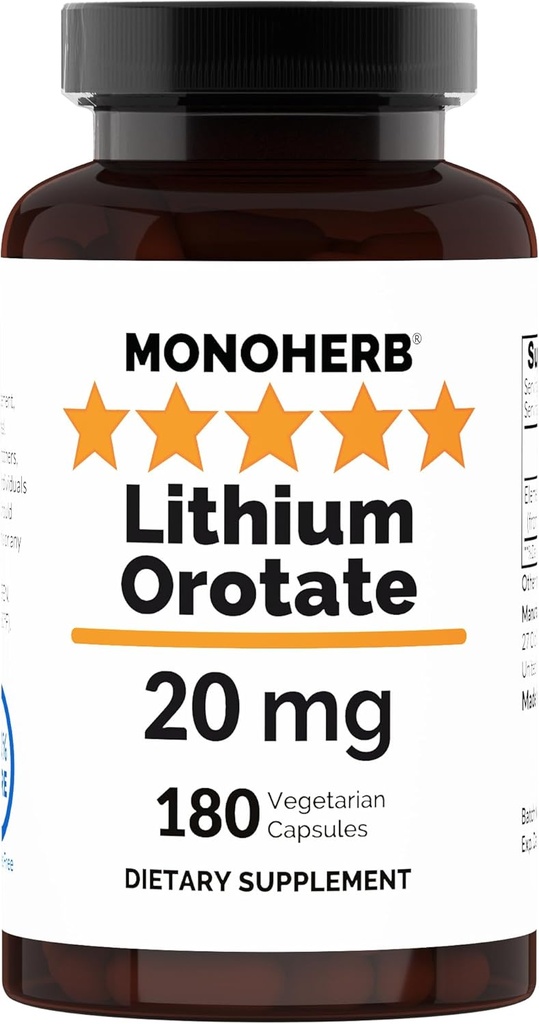 MONOHERB Lithium Oroter 20 mg Elemental Lithium per kapsel - 180 Vegetariske kapsler