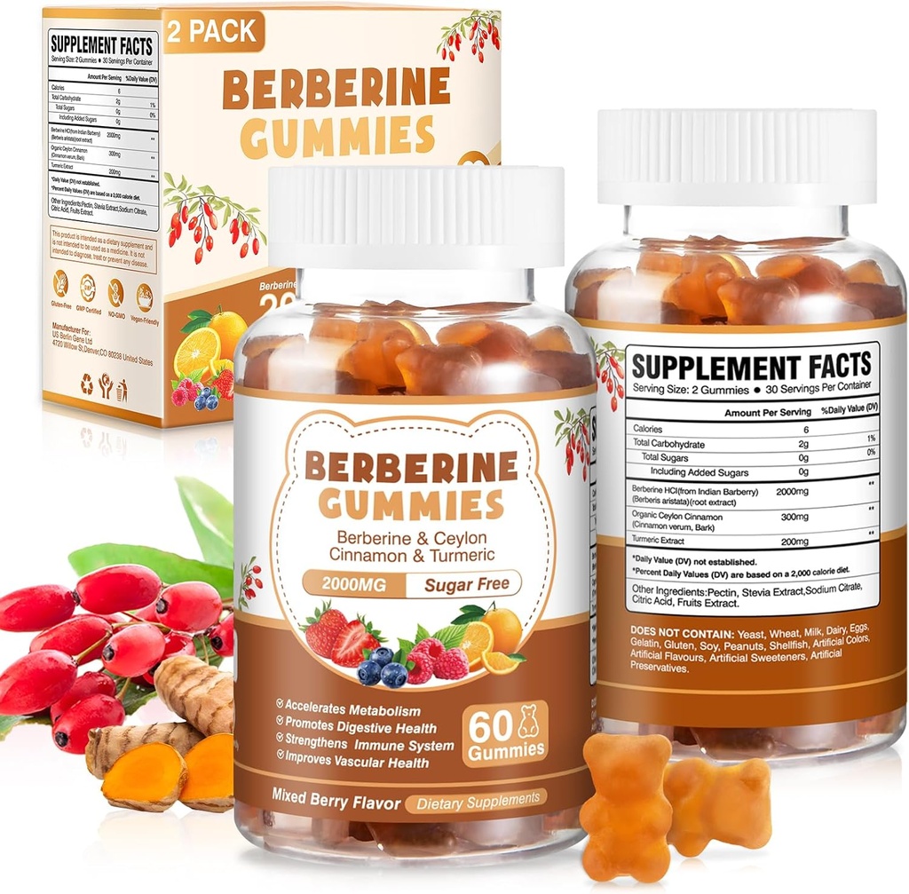 120 Grev Berberine Extract Gummies 2000mg Natural Organic Berberine Extract HCI tillæg med Ceylon kanel gurkemeje til kvinder Mænd støtte fordøjelseshæmmende immunsystem Metabolisme blandet berry flavor