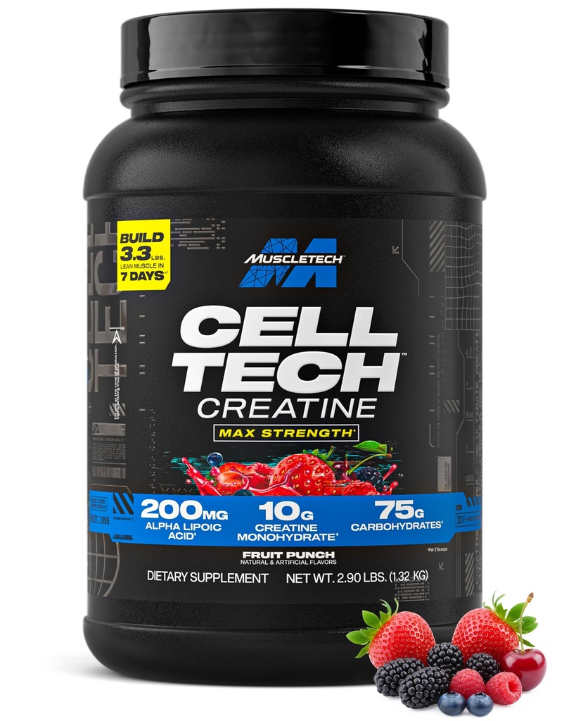 MuscleTech Creatin Monohydrat Pulver Cell- Tech Creatin Post Workout Inddrivelse Drik Muscle Builder For mænd og kvinder Muscle Building Kosttilskud Frugt Punch, 3 lbs (27 Serv)
