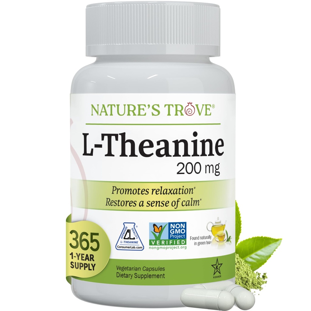 Nature 's Trove L- Theanine 200mg Super Value Størrelse - 365 Vegetariske Kapsler