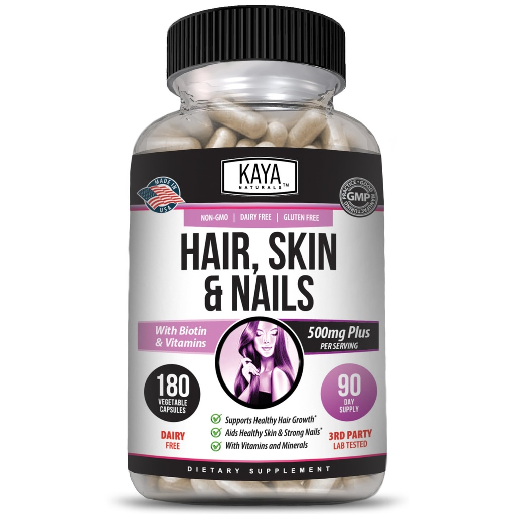 Kaya Naturals hår hud negle kapsler BIOTIN vitamin D-vitamin B-12 A folinsyre støtte, hårstøtte Vitamin supplement - 180 Tæl