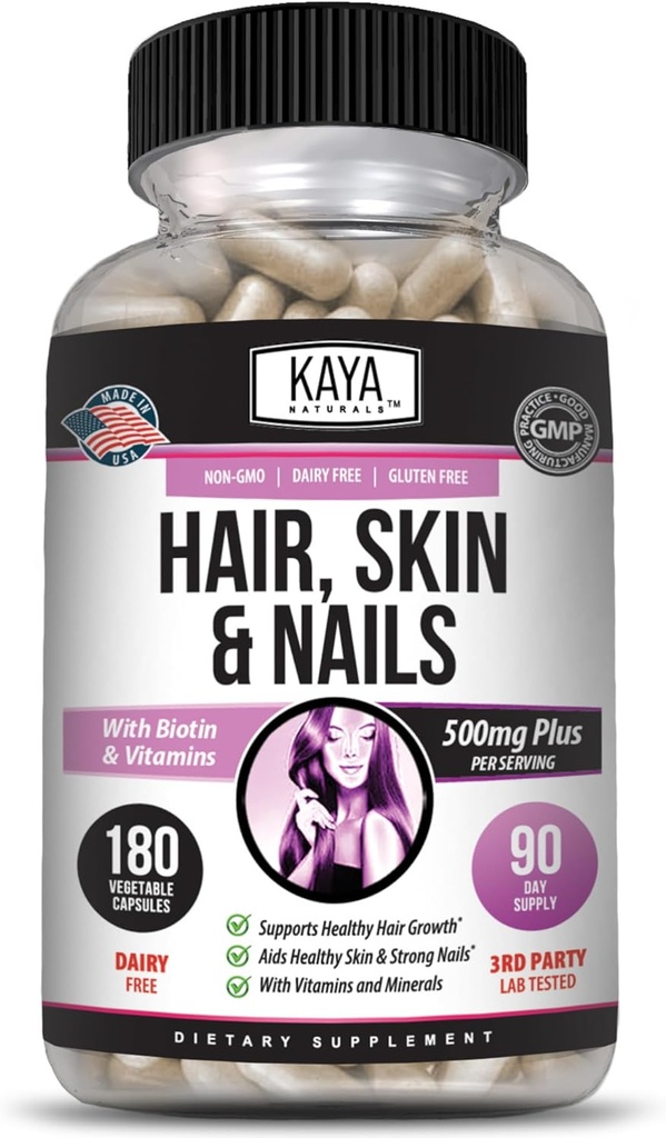 Kaya Naturals hår hud negle kapsler BIOTIN vitamin D-vitamin B-12 A folinsyre støtte, hårstøtte Vitamin supplement - 180 Tæl