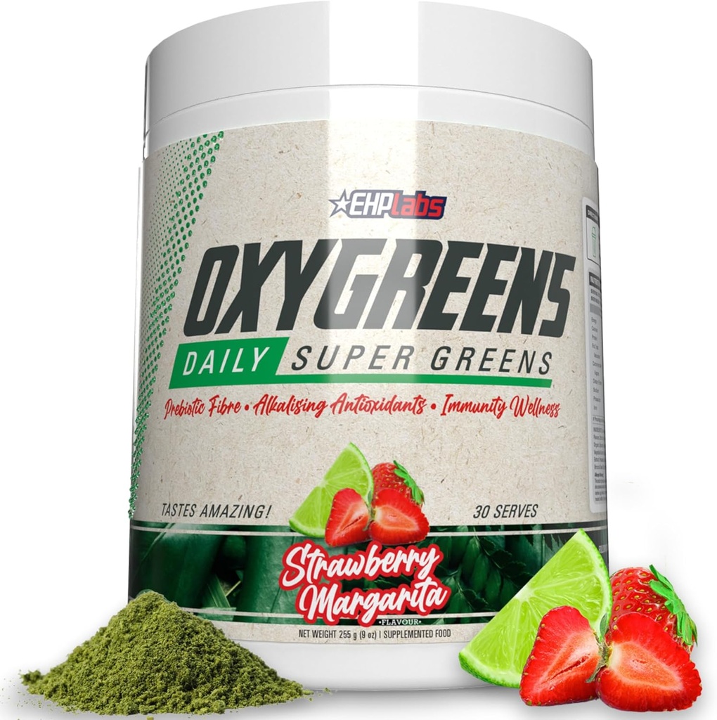 EHP Labs Oxygreen Super Green Powder - Spirulina & Chlorella Superfood, Green Juice Powder & Green Kosttilskud med Prebiotic Fibre, Antioxidanter & Immunity Support, 30 Serves (Strawb. Formand